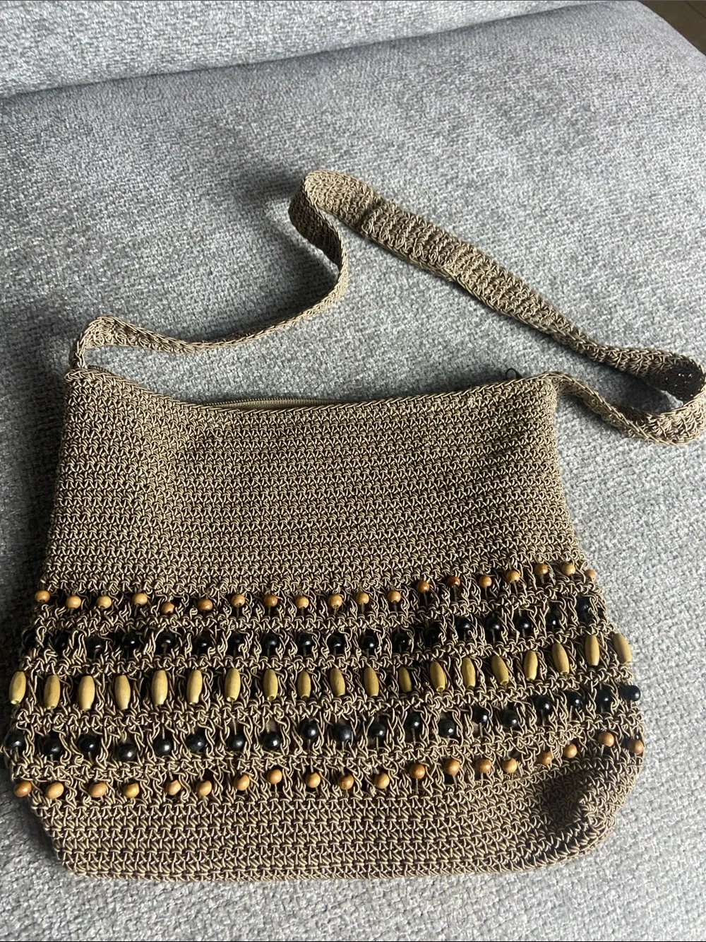 Handwoven Brown Crochet Crossbody Bag with Bead Accents